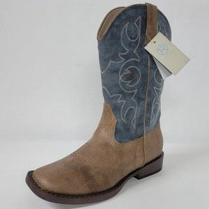 Roper Little Kids Sz 2 Brown Blue Cowboy Boots Faux Lthr Pull-On Square Toe